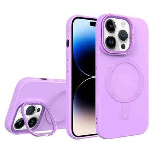 For iPhone 14 Pro Max Diamond Texture Lens Holder Skin Feel MagSafe Phone Case(Purple)