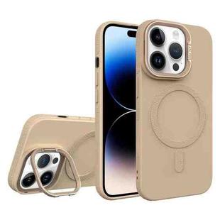For iPhone 14 Pro Max Diamond Texture Lens Holder Skin Feel MagSafe Phone Case(Desert Gold)
