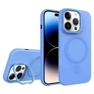 For iPhone 14 Pro Max Diamond Texture Lens Holder Skin Feel MagSafe Phone Case(Sierra Blue)