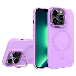 For iPhone 13 Pro Max Diamond Texture Lens Holder Skin Feel MagSafe Phone Case(Purple)