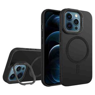 For iPhone 12 Pro Max Diamond Texture Lens Holder Skin Feel MagSafe Phone Case(Black)