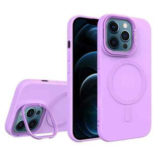 For iPhone 12 Pro Max Diamond Texture Lens Holder Skin Feel MagSafe Phone Case(Purple)