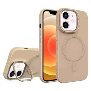 For iPhone 12 Diamond Texture Lens Holder Skin Feel MagSafe Phone Case(Desert Gold)