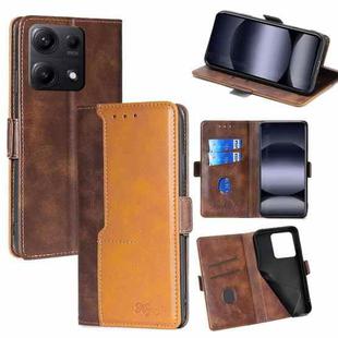For Redmi Note 14S 4G Contrast Color Side Buckle Leather Phone Case(Dark Brown + Gold)