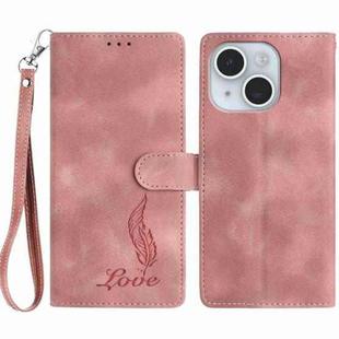 For iPhone 14 Plus Skin Feel Embossed Feather Leather Phone Case(Pink)
