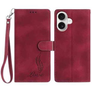 For iPhone 16 Skin Feel Embossed Feather Leather Phone Case(Red)