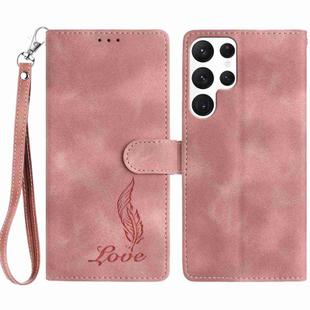 For Samsung Galaxy S22 Ultra 5G Skin Feel Embossed Feather Leather Phone Case(Pink)