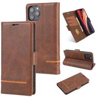 For iPhone 12 / 12 Pro Business Style Line Splicing Horizontal Flip TPU + PU Leather Case with Card Slots & Holder & Wallet(Dark Brown)