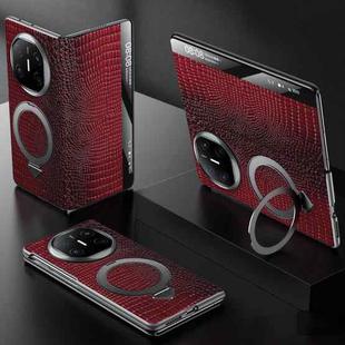 For Huawei Mate X6 SULADA Crocodile Texture Cowhide MagSafe Holder Smart Window Phone Case(Red)