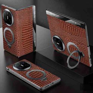 For Huawei Mate X6 SULADA Crocodile Texture Cowhide MagSafe Holder Smart Window Phone Case(Brown)