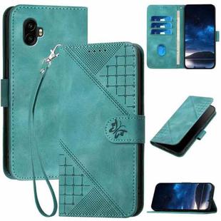 For Samsung Galaxy XCover7 Pro Grid Butterfly Embossed Pattern Leather Phone Case with Lanyard(Light Blue)