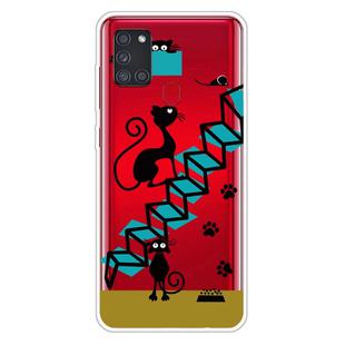 For Samsung Galaxy A21s Shockproof Painted Transparent TPU Protective Case(Stair Cat)