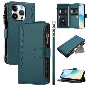 For iPhone 16 Pro Magnetic Closure Nine Card Slots Zipper Leather Phone Case with Hand Strap(Dark Green)