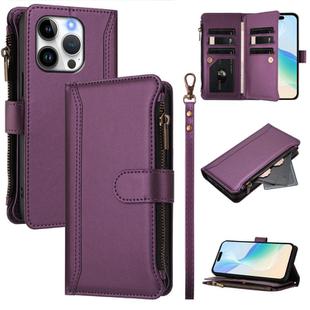 For iPhone 15 Pro Magnetic Closure 9 Card Slots Zipper Leather Case with Hand Strap(Purple)