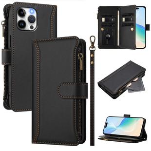 For iPhone 13 Pro Max Magnetic Closure Nine Card Slots Zipper Leather Phone Case with Hand Strap(Black)