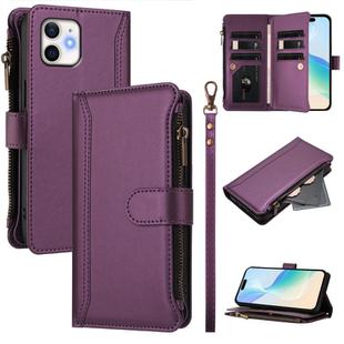 For iPhone 12 / 12 Pro Magnetic Closure 9 Card Slots Zipper Leather Case with Hand Strap(Purple)
