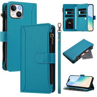 For iPhone 13 mini Magnetic Closure 9 Card Slots Zipper Leather Case with Hand Strap(Turquoise)