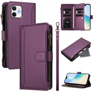 For iPhone 12 mini Magnetic Closure 9 Card Slots Zipper Leather Case with Hand Strap(Purple)