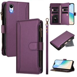 For iPhone XR Magnetic Closure 9 Card Slots Zipper Leather Case with Hand Strap(Purple)