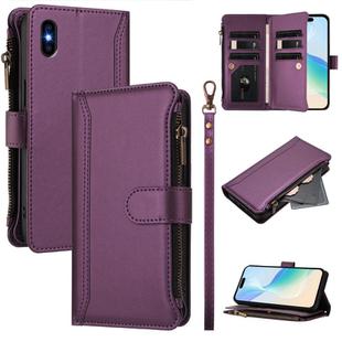 For iPhone XS Max Magnetic Closure 9 Card Slots Zipper Leather Case with Hand Strap(Purple)