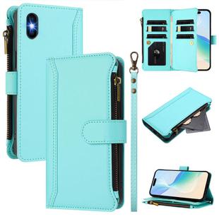 For iPhone XS / X Magnetic Closure 9 Card Slots Zipper Leather Case with Hand Strap(Mint Green)