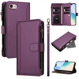 For iPhone SE 2022 / 2020 / 8 / 7 Magnetic Closure 9 Card Slots Zipper Leather Case with Hand Strap(Purple)