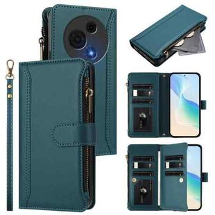 For TCL 60 NxtPaper Magnetic Closure 9 Card Slots Zipper Leather Case with Hand Strap(Dark Green)