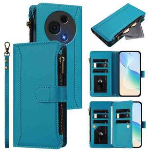 For TCL 60 NxtPaper Magnetic Closure 9 Card Slots Zipper Leather Case with Hand Strap(Turquoise)