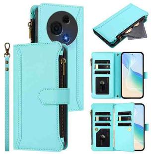 For TCL 60 NxtPaper Magnetic Closure 9 Card Slots Zipper Leather Case with Hand Strap(Mint Green)