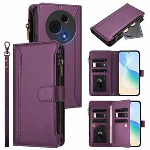 For TCL 60 NxtPaper Magnetic Closure 9 Card Slots Zipper Leather Case with Hand Strap(Purple)