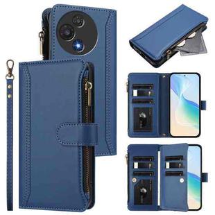 For TCL 60R 5G Magnetic Closure 9 Card Slots Zipper Leather Case with Hand Strap(Dark Blue)