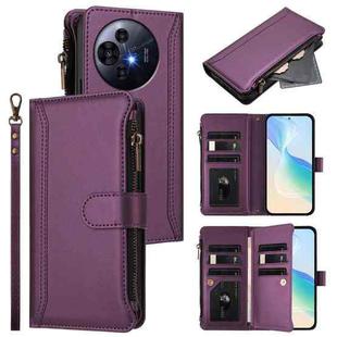For TCL 50 Pro NxtPaper / P10 Magnetic Closure 9 Card Slots Zipper Leather Case with Hand Strap(Purple)