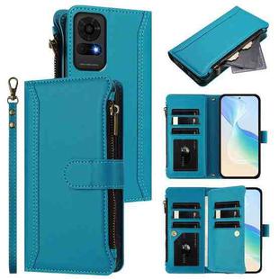 For sTCL 50 LE 5G / K23 / K24 Magnetic Closure 9 Card Slots Zipper Leather Case with Hand Strap(Turquoise)