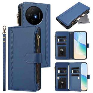For TCL 50 XL / 50 XL NxtPaper 5G Magnetic Closure 9 Card Slots Zipper Leather Case with Hand Strap(Dark Blue)