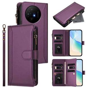 For TCL 50 XL / 50 XL NxtPaper 5G Magnetic Closure 9 Card Slots Zipper Leather Case with Hand Strap(Purple)