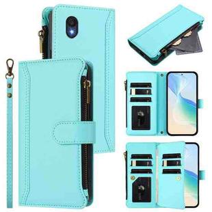 For TCL 201 Magnetic Closure 9 Card Slots Zipper Leather Case with Hand Strap(Mint Green)