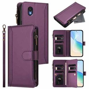 For TCL 201 Magnetic Closure 9 Card Slots Zipper Leather Case with Hand Strap(Purple)