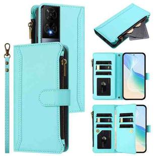 For TCL 50 XE Magnetic Closure 9 Card Slots Zipper Leather Case with Hand Strap(Mint Green)