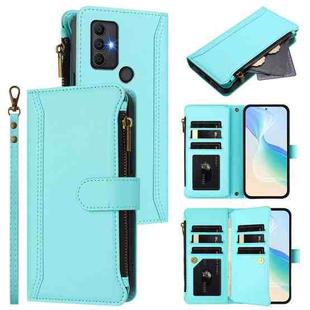 For TCL 305 / 306 / 30 SE Magnetic Closure 9 Card Slots Zipper Leather Case with Hand Strap(Mint Green)