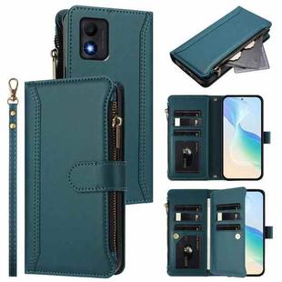 For TCL 303 Magnetic Closure 9 Card Slots Zipper Leather Case with Hand Strap(Dark Green)