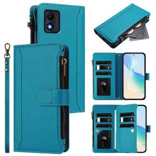 For TCL 303 Magnetic Closure 9 Card Slots Zipper Leather Case with Hand Strap(Turquoise)