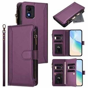 For TCL 303 Magnetic Closure 9 Card Slots Zipper Leather Case with Hand Strap(Purple)