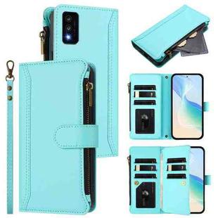 For TCL 30T Magnetic Closure 9 Card Slots Zipper Leather Case with Hand Strap(Mint Green)