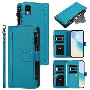 For TCL 30Z / 30 LE Magnetic Closure 9 Card Slots Zipper Leather Case with Hand Strap(Turquoise)