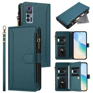 For TCL 30 4G / 5G / 30+ Magnetic Closure 9 Card Slots Zipper Leather Case with Hand Strap(Dark Green)