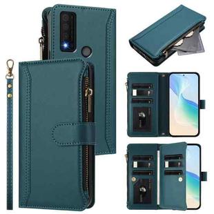 For TCL 30 XE 5G / 30 V 5G Magnetic Closure 9 Card Slots Zipper Leather Case with Hand Strap(Dark Green)
