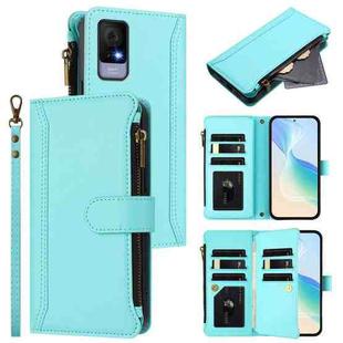 For TCL 405 / 406 / 406S / 480 Magnetic Closure 9 Card Slots Zipper Leather Case with Hand Strap(Mint Green)