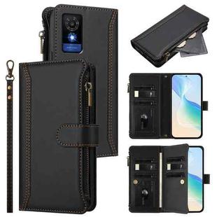 For TCL 501 Magnetic Closure 9 Card Slots Zipper Leather Case with Hand Strap(Black)