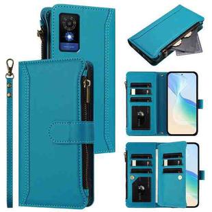 For TCL 501 Magnetic Closure 9 Card Slots Zipper Leather Case with Hand Strap(Turquoise)