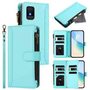 For TCL 502 Magnetic Closure 9 Card Slots Zipper Leather Case with Hand Strap(Mint Green)